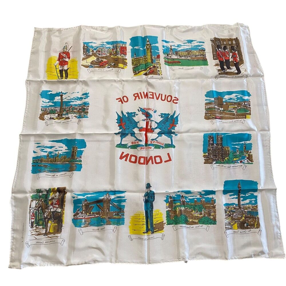 Vintage Acetate Scarf A Squire Souvenir of London 31 X 31 Landmarks Original Box - Picture 3 of 16